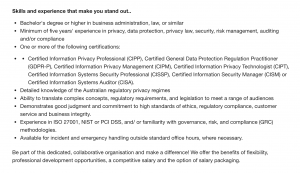 Screenshot of job description for privacy officer role
