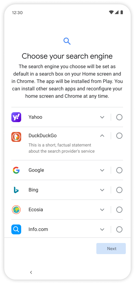 Screenshot of Google's Free Choice Screen 