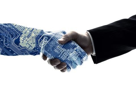 Graphic of a businessman shaking hands with an AI to demonstrate the relationship between workers and privacy enhancing technology