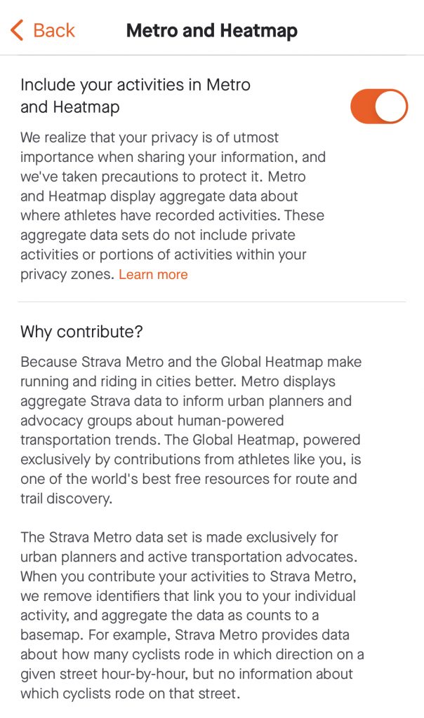 Screenshot showing Strava Heatmaps Privacy Settings