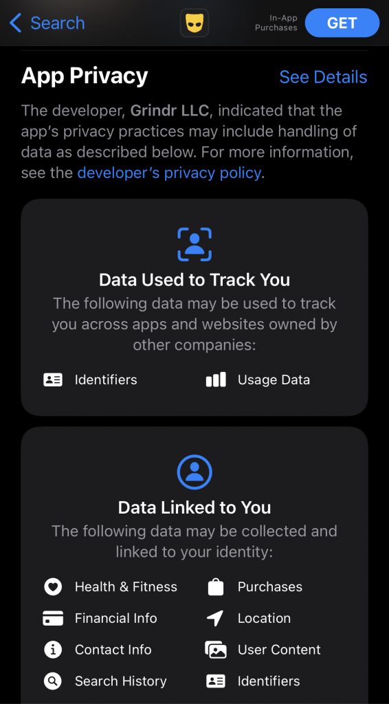 A recent screenshot of Grindr App Privacy on the Apple App Store. This screen grab was not available at the time of the Grindr privacy breach.