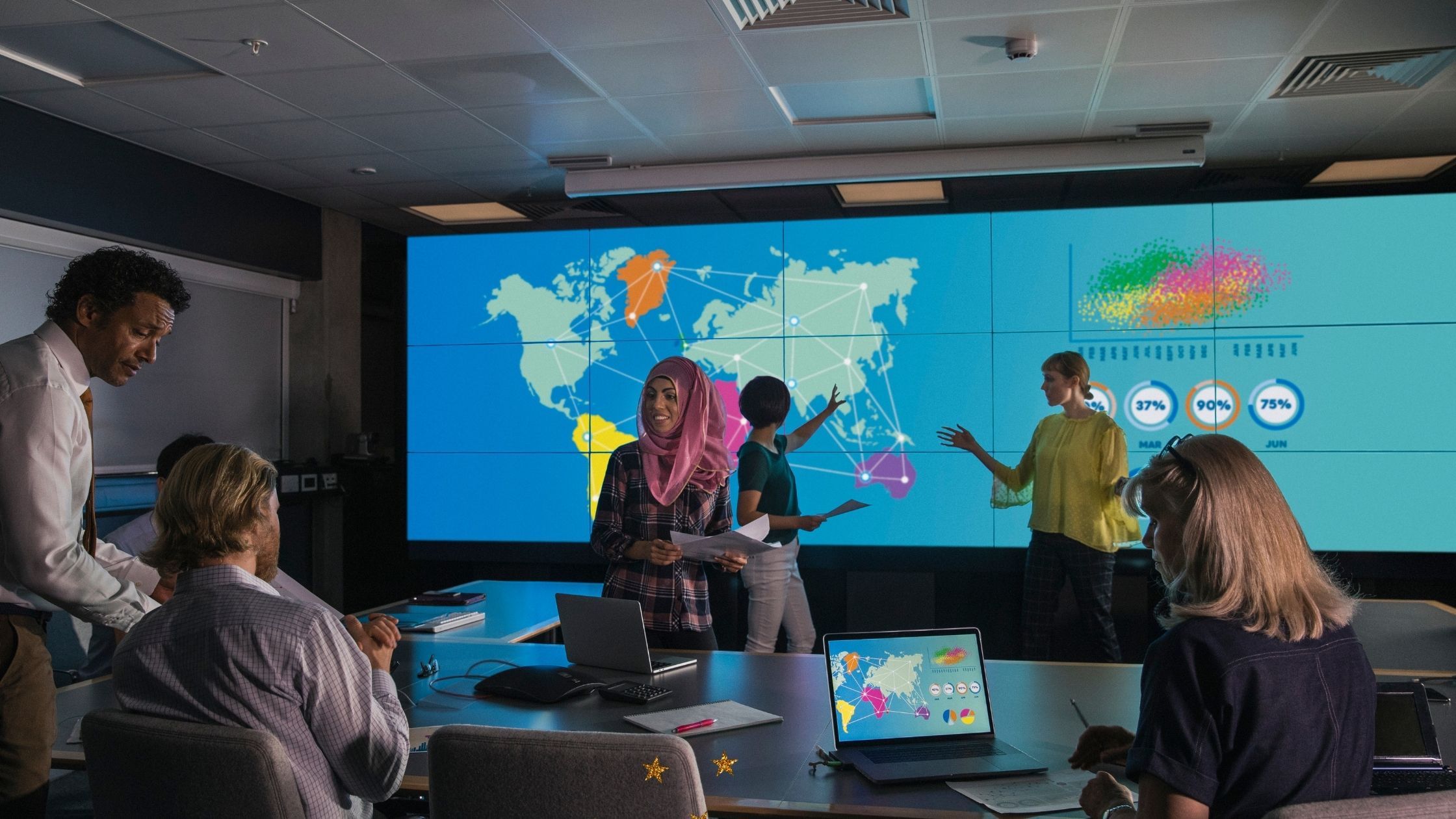 Photograph of a workplace team discussing data sharing with third parties in front of a global map with arrows pointing between the locations data is being shared.
