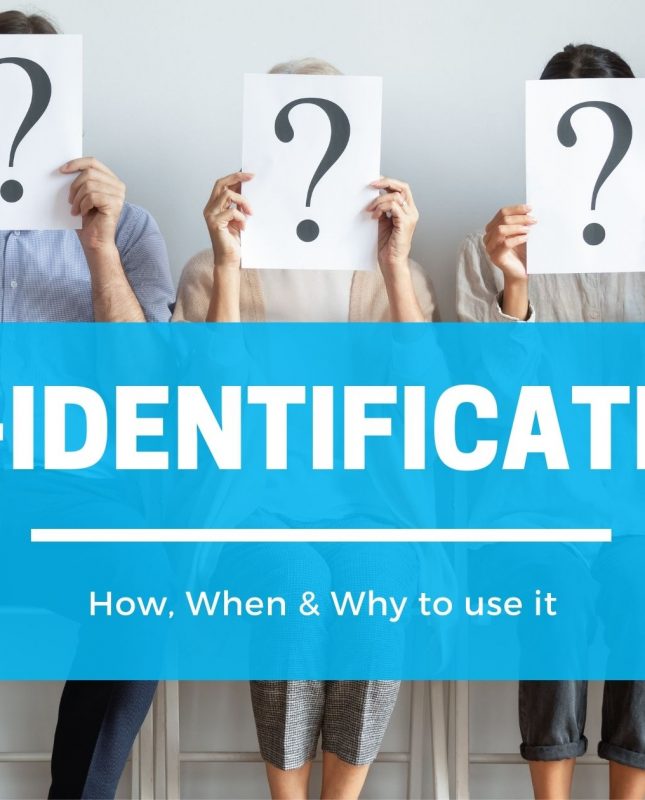 Five people holding pages with a question mark in front of their face to illustrate de-identification