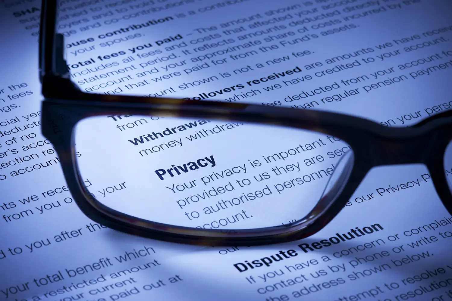 Eyeglasses highlighting the word Privacy in a dictionary