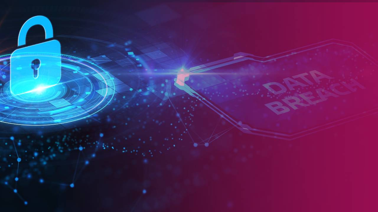 Concept illustration of a data breach showing a locked padlock in space with the words Data Breach under a pink Privacy 108 overlay