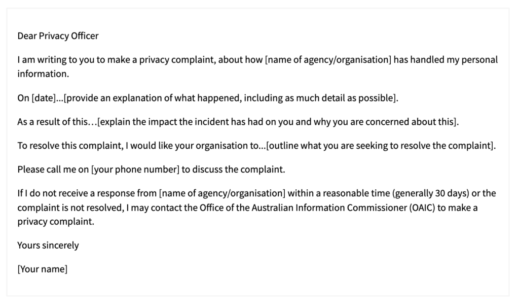 Template Letter for a Privacy Complaint Following a Data Breach